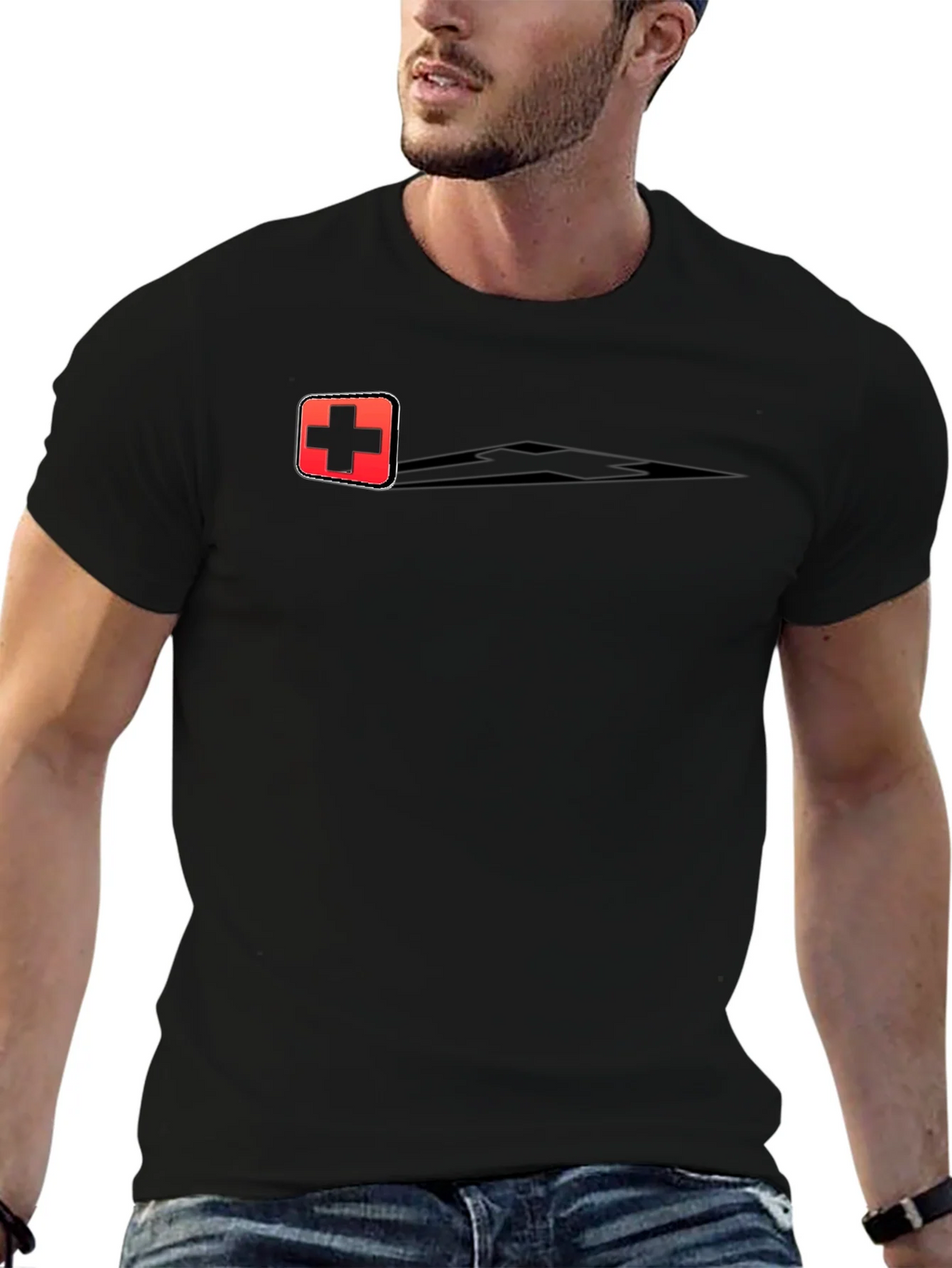 Swiss Cross Graphic Tee - Black Cotton Casual T-Shirt
