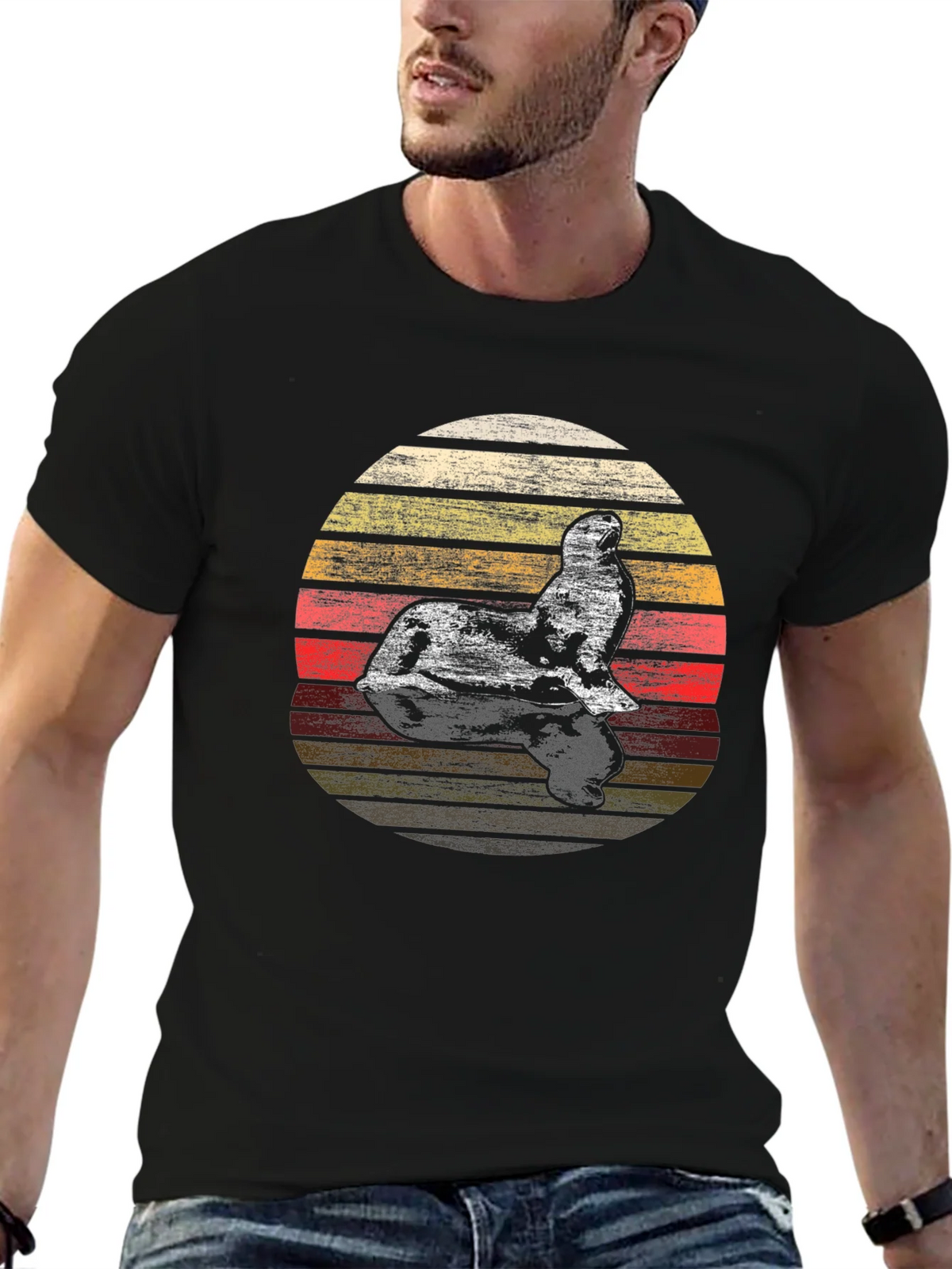 Retro Sunset Seal T-Shirt - Vintage Style Graphic Tee