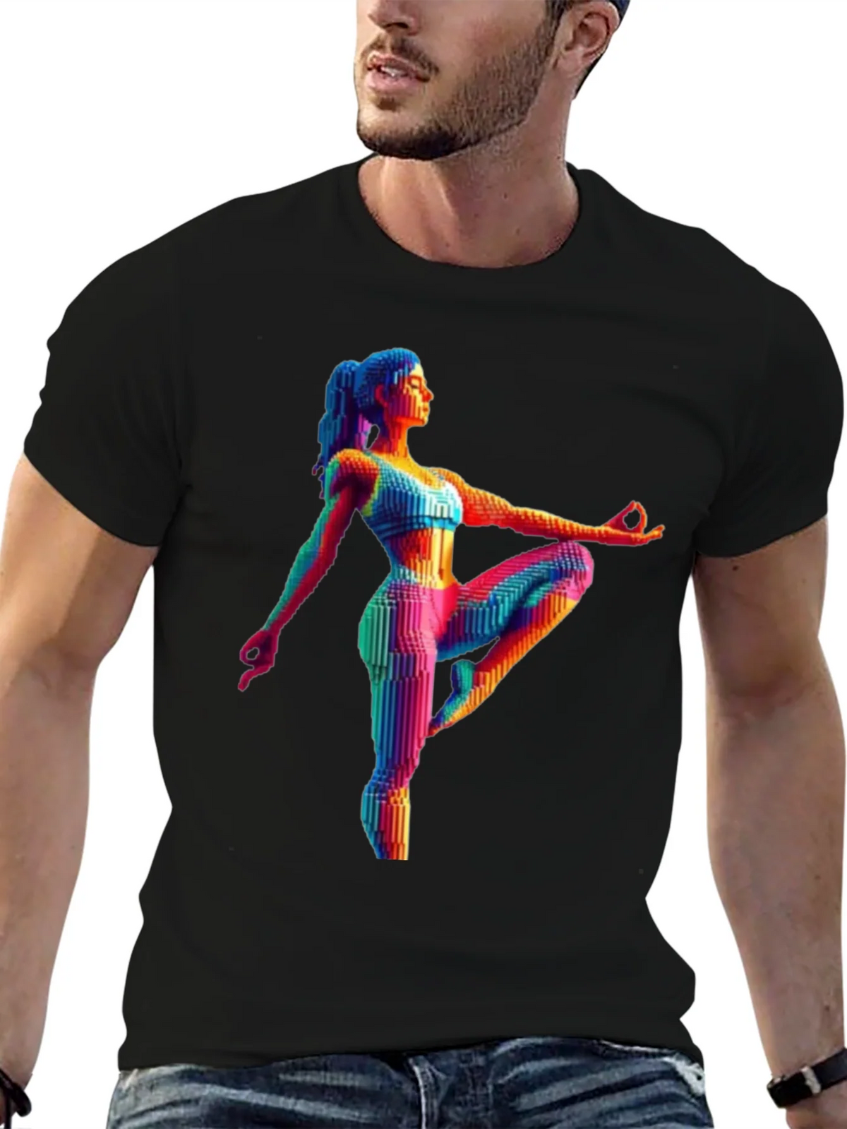Yoga Pose Graphic Tee - Rainbow Pixel Art T-Shirt