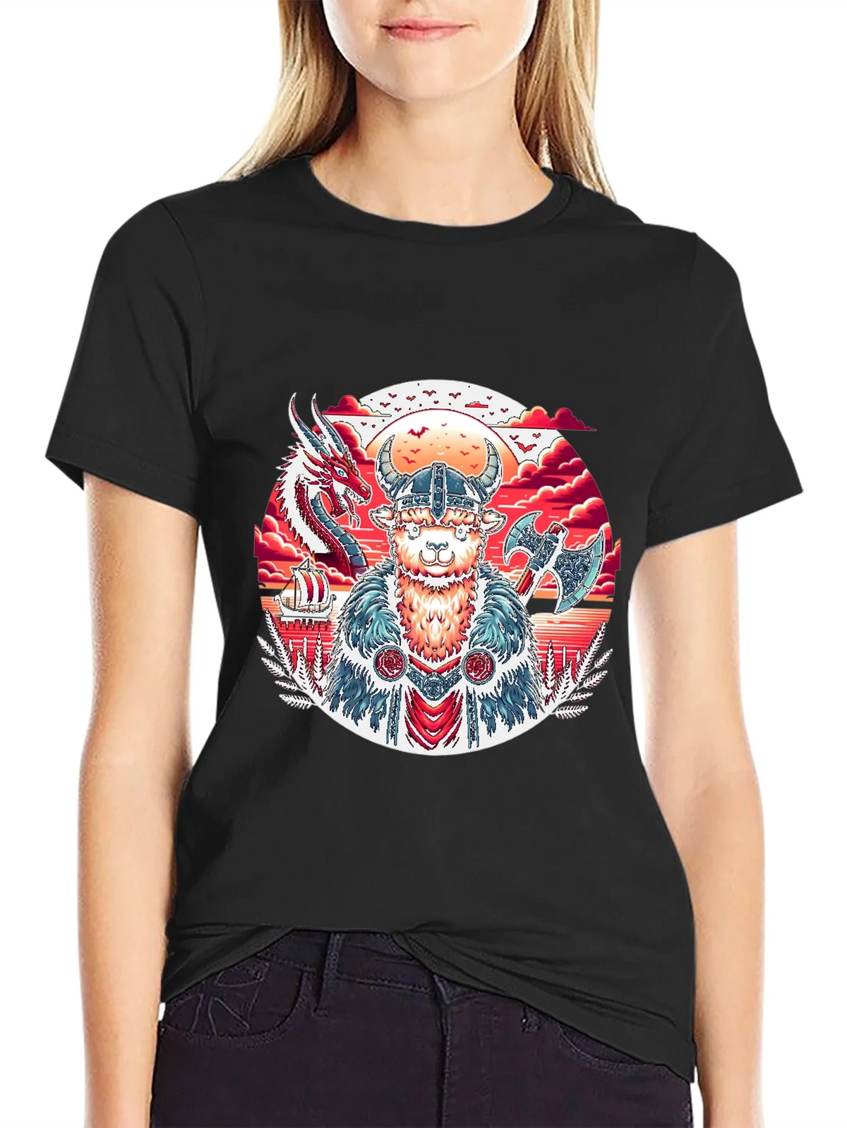 Viking Llama Graphic Tee - Black Cotton T-Shirt